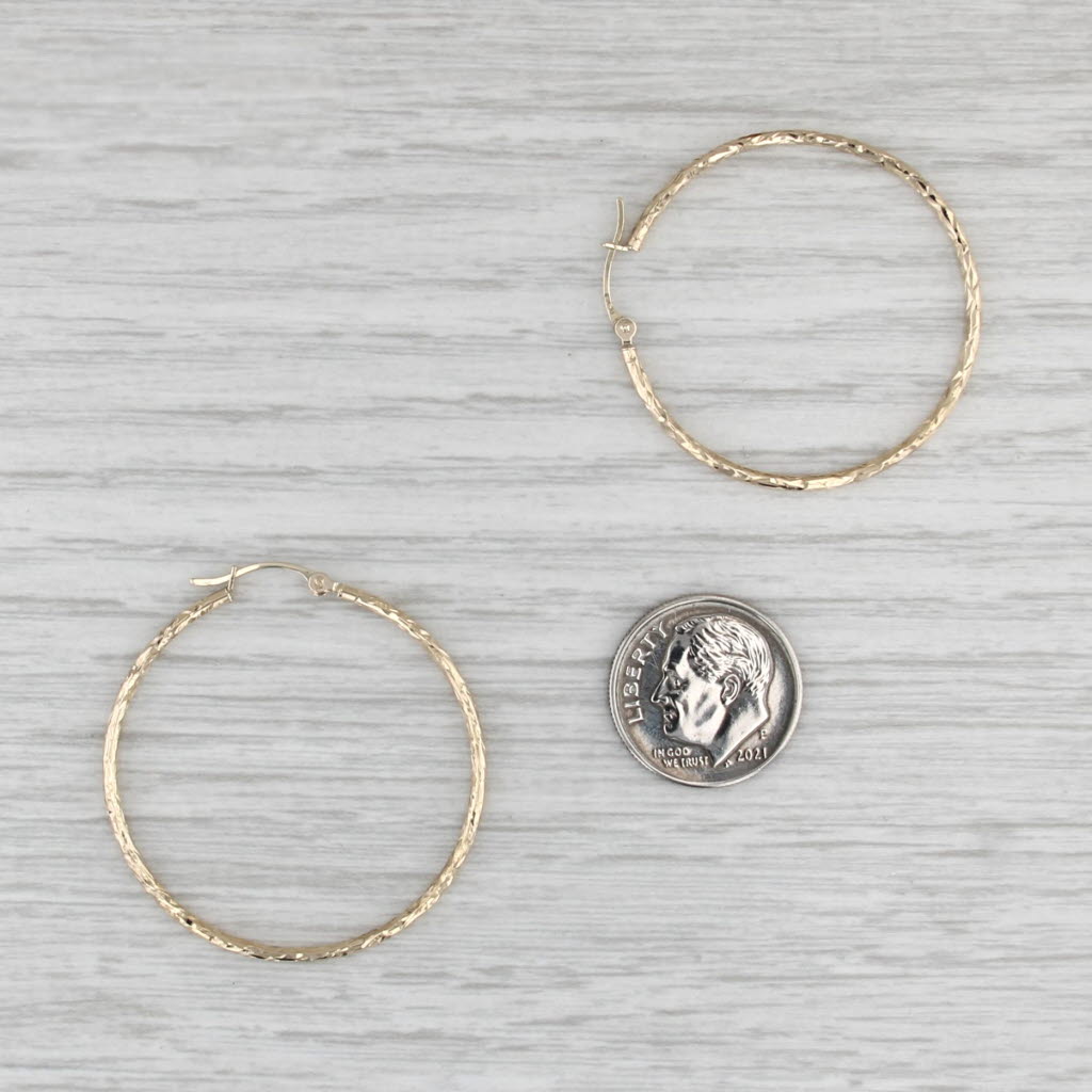 Etched Hoop Earrings 10k Gold Snap Top Posts Lightweight Round Hoops 35 x 1.5 mm