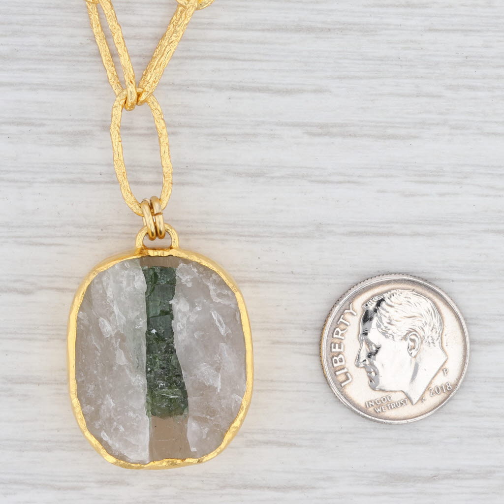 New Nina Wynn Druzy Quartz Tourmaline Pendant Necklace Sterling Gold Vermeil
