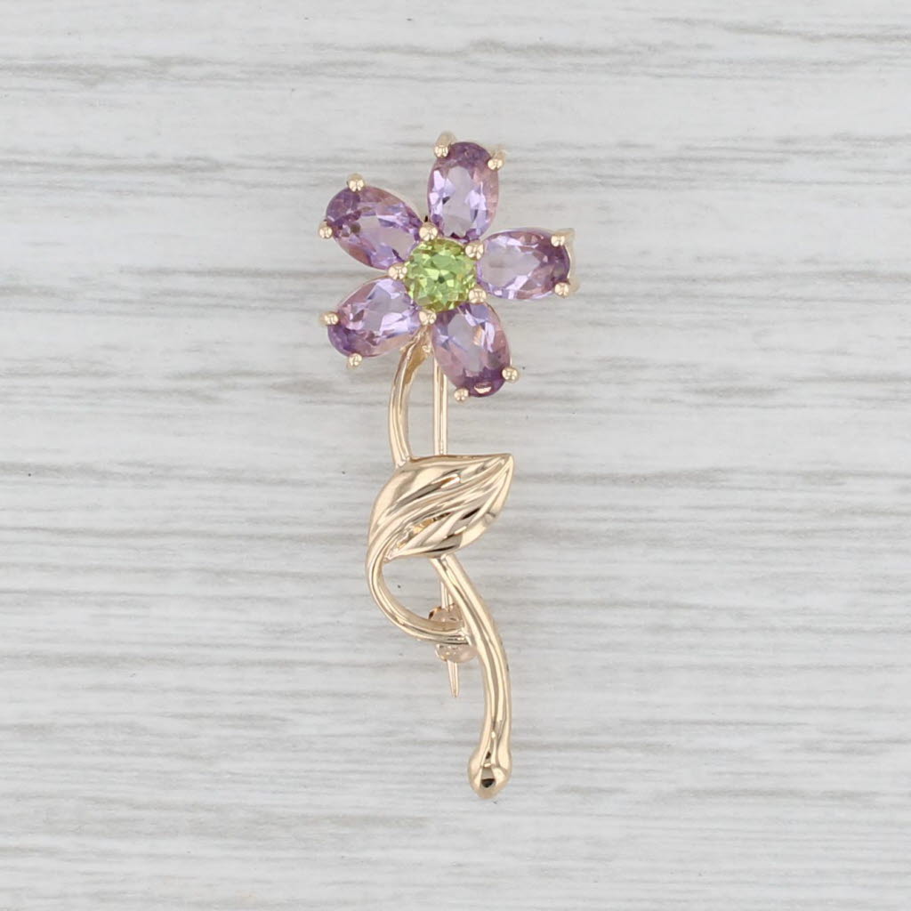 Light Gray 2.55ctw Amethyst Peridot Flower Brooch 10k Yellow Gold Floral Pin