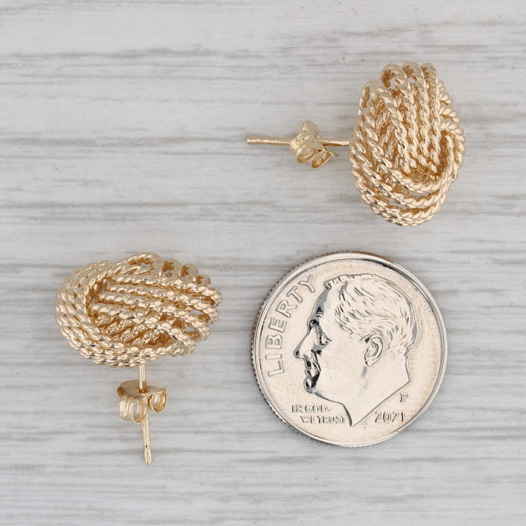 Gray Knot Stud Earrings 14k Yellow Gold Rope Etched Design