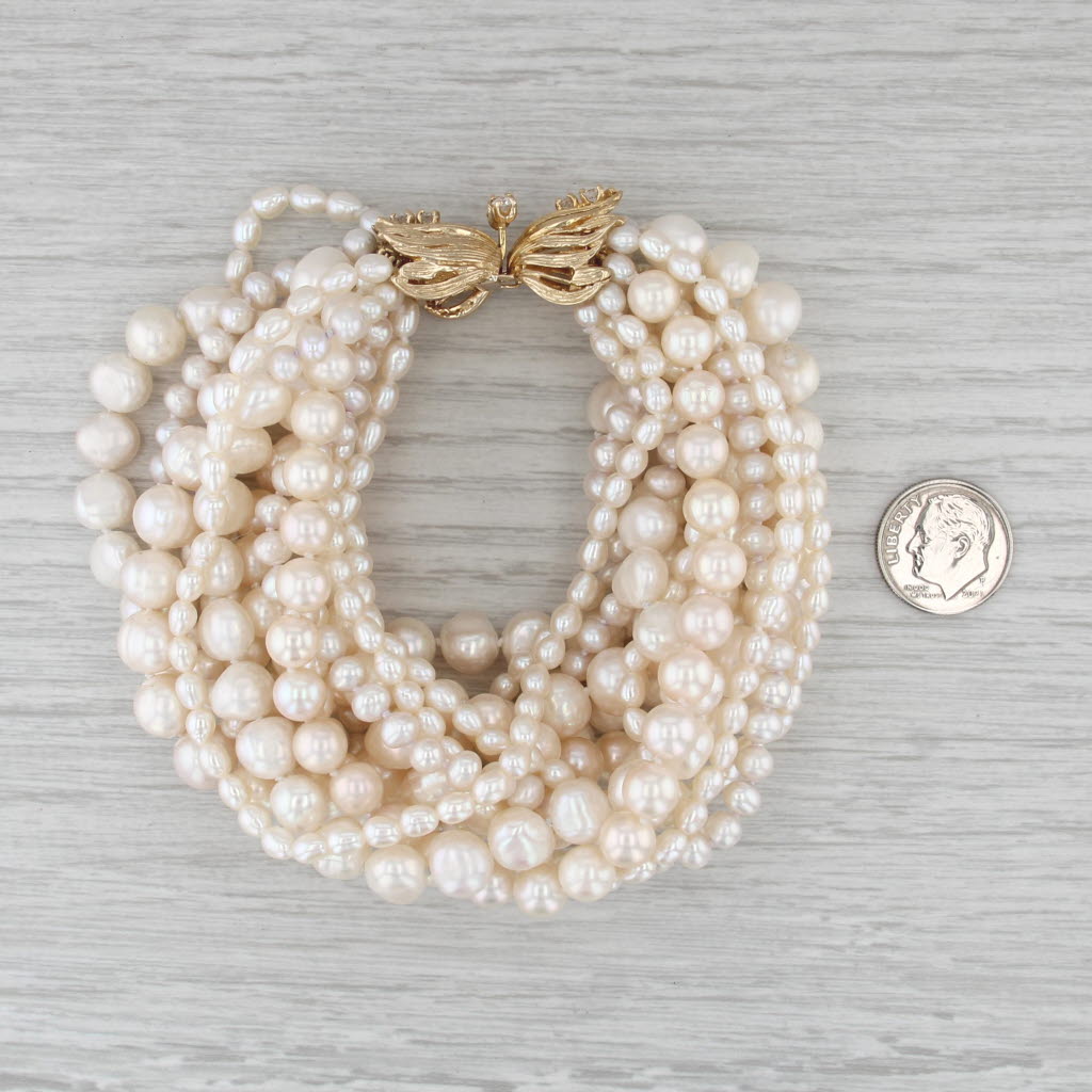 Vintage Multistrand Cultured Pearl Diamond Bracelet 14k Yellow Gold 9"