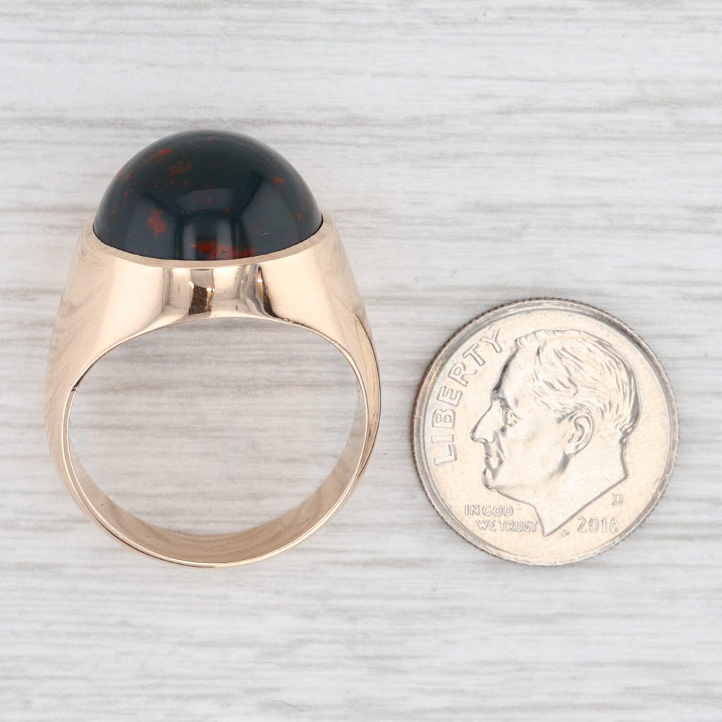 Light Gray Vintage Bloodstone Round Cabochon Solitaire Ring 10k Yellow Gold Size 9