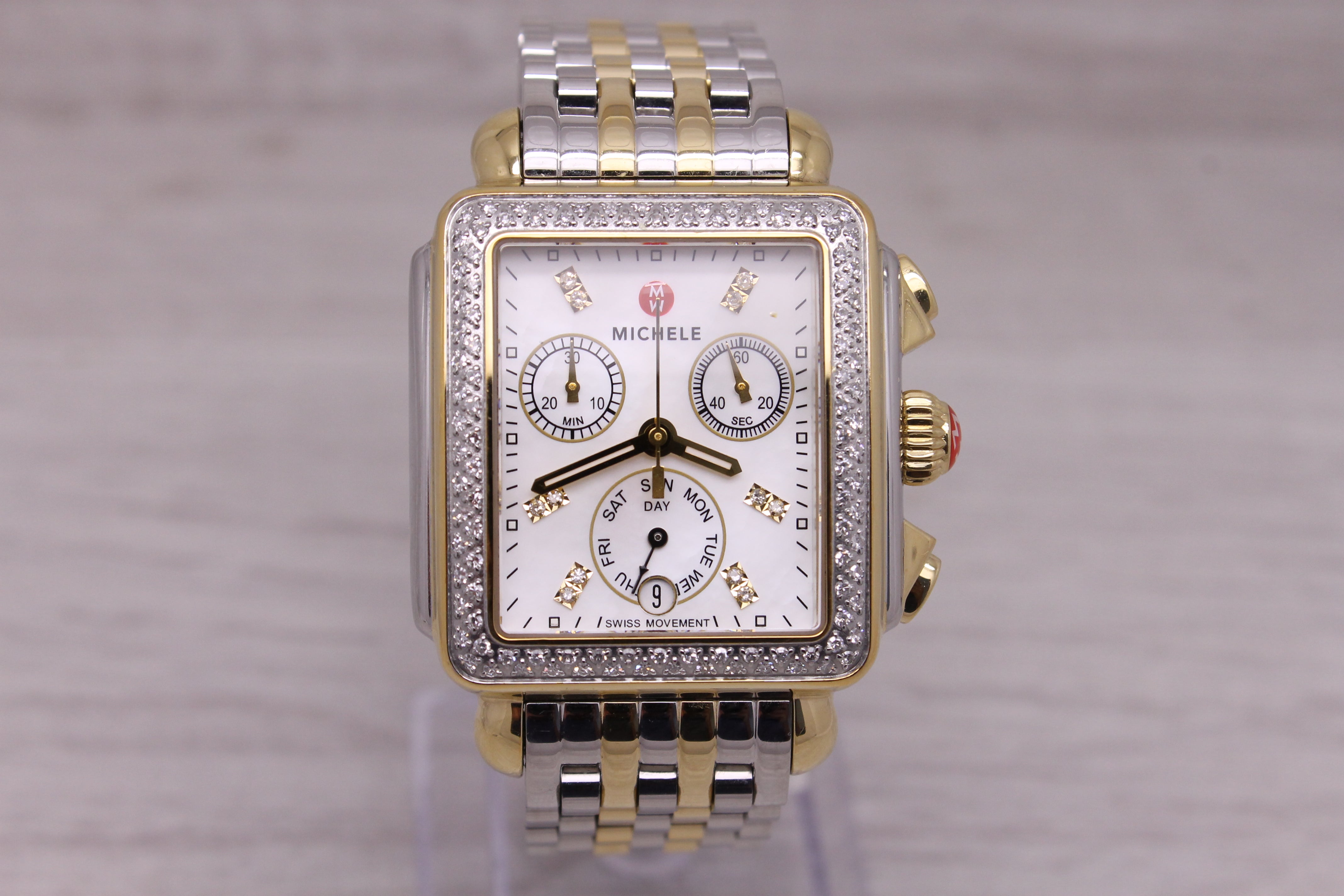 Dark Gray Michele Ladies 2 Tone Quartz Chronograph Watch Diamond Bezel & MOP MW06P01C5046