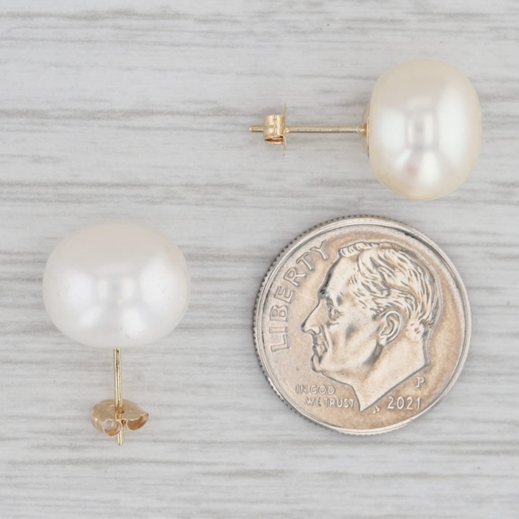 Gray Cultured Pearl Stud Earrings 14k Yellow Gold 11.9mm Round Solitaires