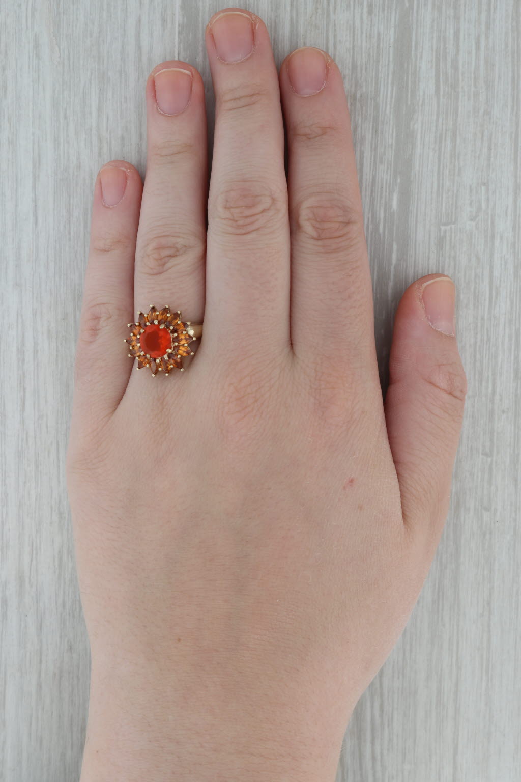 Dark Gray 4.20ctw Mexican Fire Opal Orange Spessartite Garnet Halo Flower Ring 14k Gold