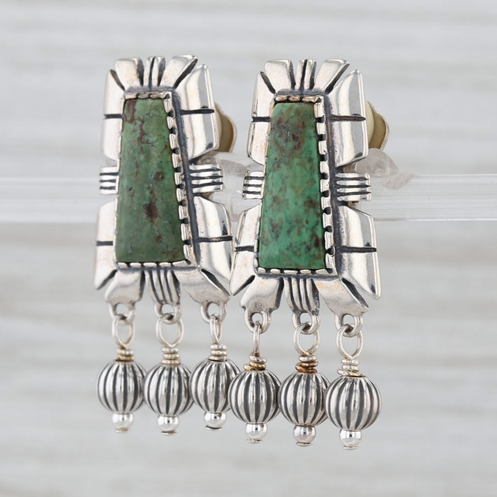 Green Stone Clip On Earrings Sterling Silver Bead Fringe Carolyn Pollack