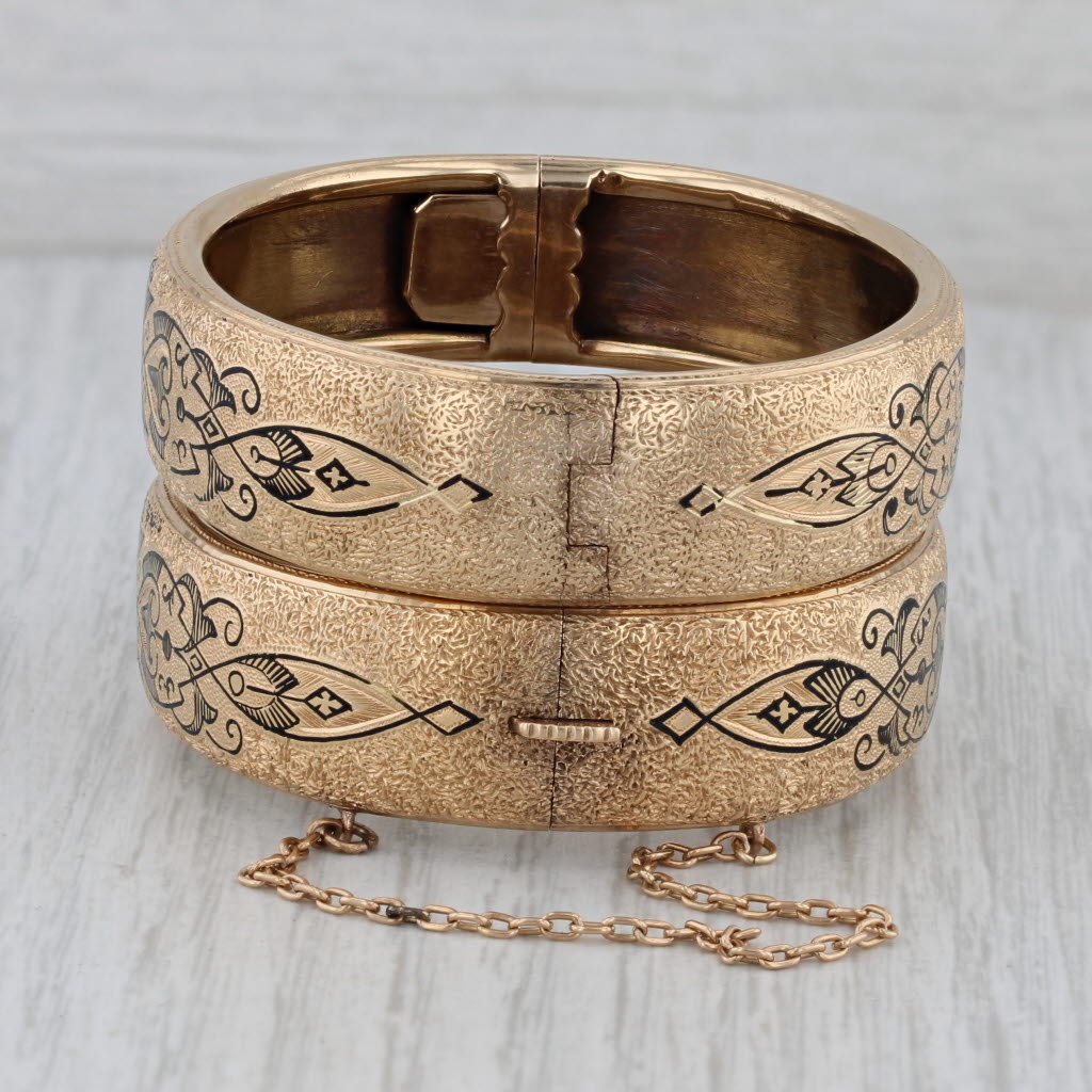 Victorian Taille d'Epargne Enamel Bangle Bracelets with Box 14k Gold Engraved