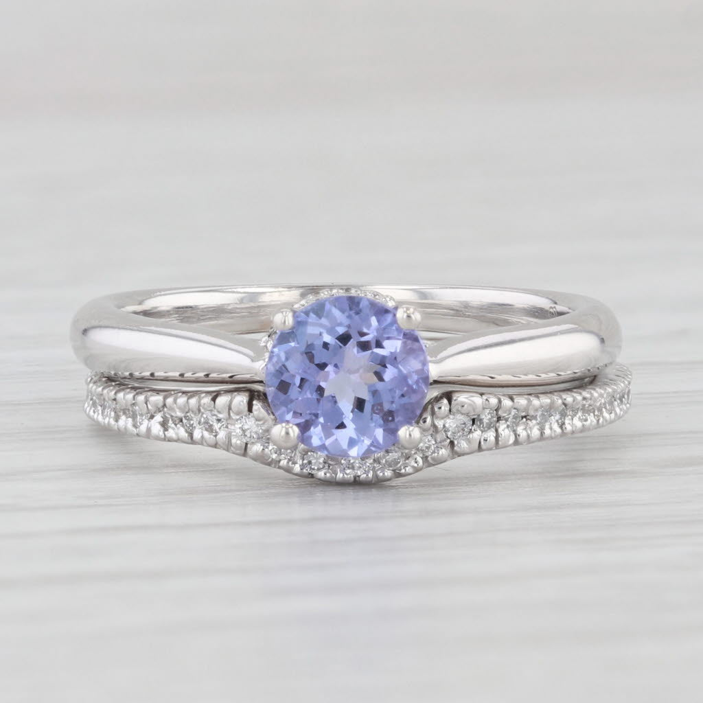 Light Gray 1ctw Round Tanzanite Engagement Ring Diamond Wedding Band 18k Gold Bridal Set