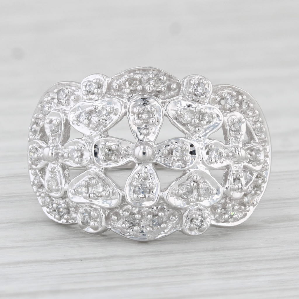 Light Gray Floral Openwork Diamond Ring 10k White Gold Size 7.25 Cocktail
