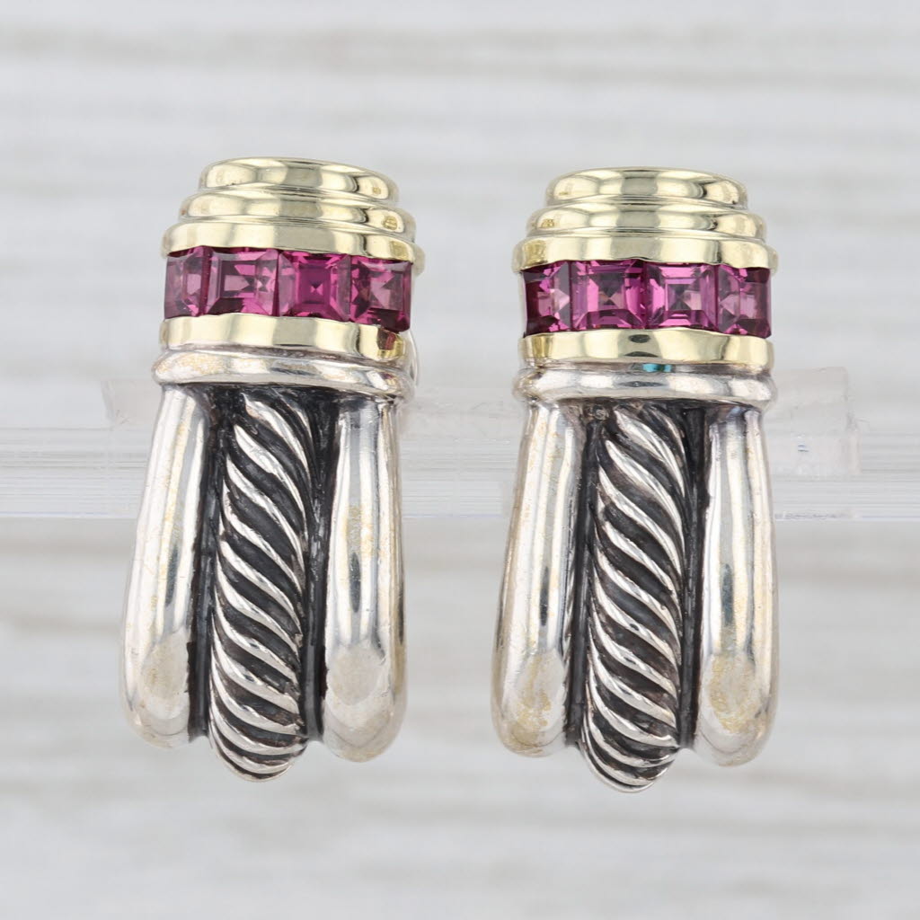 Yurman Renaissance Rhodolite Garnet J-Hook Earrings Sterling Silver 14k Gold