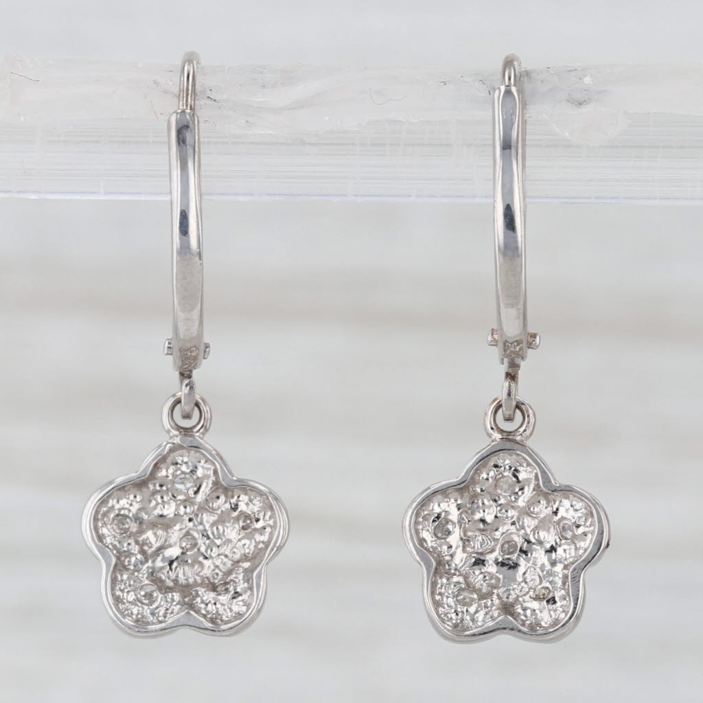 Diamond Flower Dangle Earrings 14k White Gold Leverbacks Floral Drops