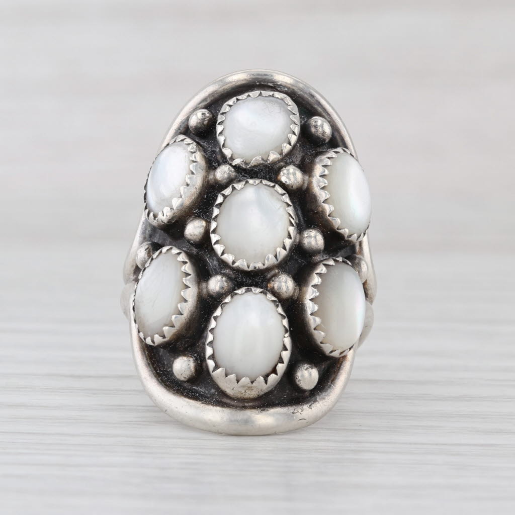 Southwestern Mother of Pearl Cluster Statement Ring Sterling Silver Size 8.75