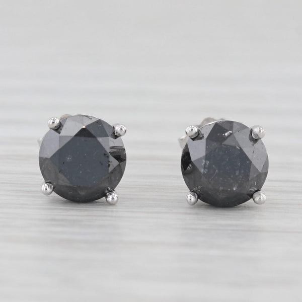 New 3.15ctw Black Diamond Stud Earrings 14k White Gold Round Solitaires