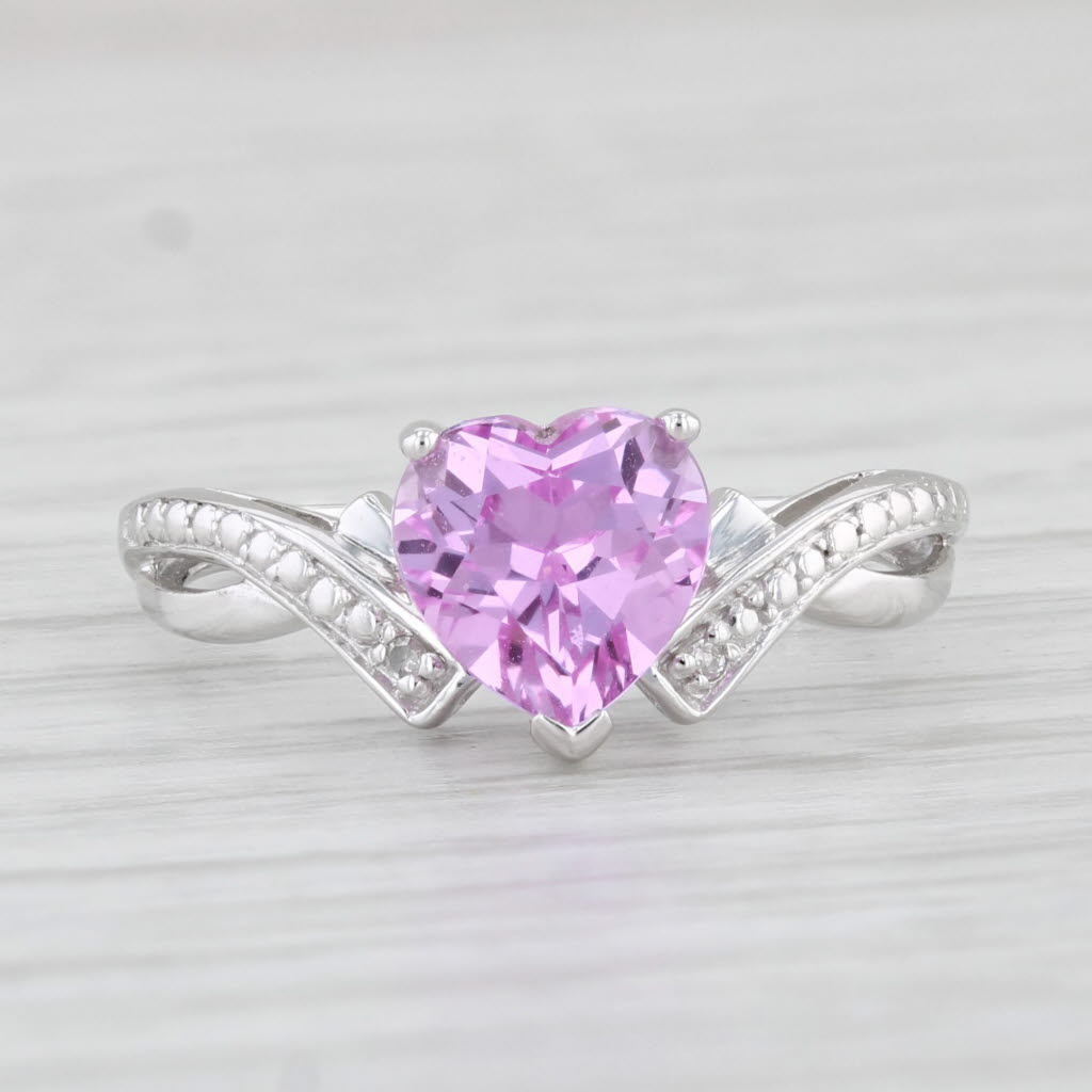Light Gray 1.80ct Lab Created Sapphire Pink Heart Ring 10k White Gold Sz 6 Diamond Accents