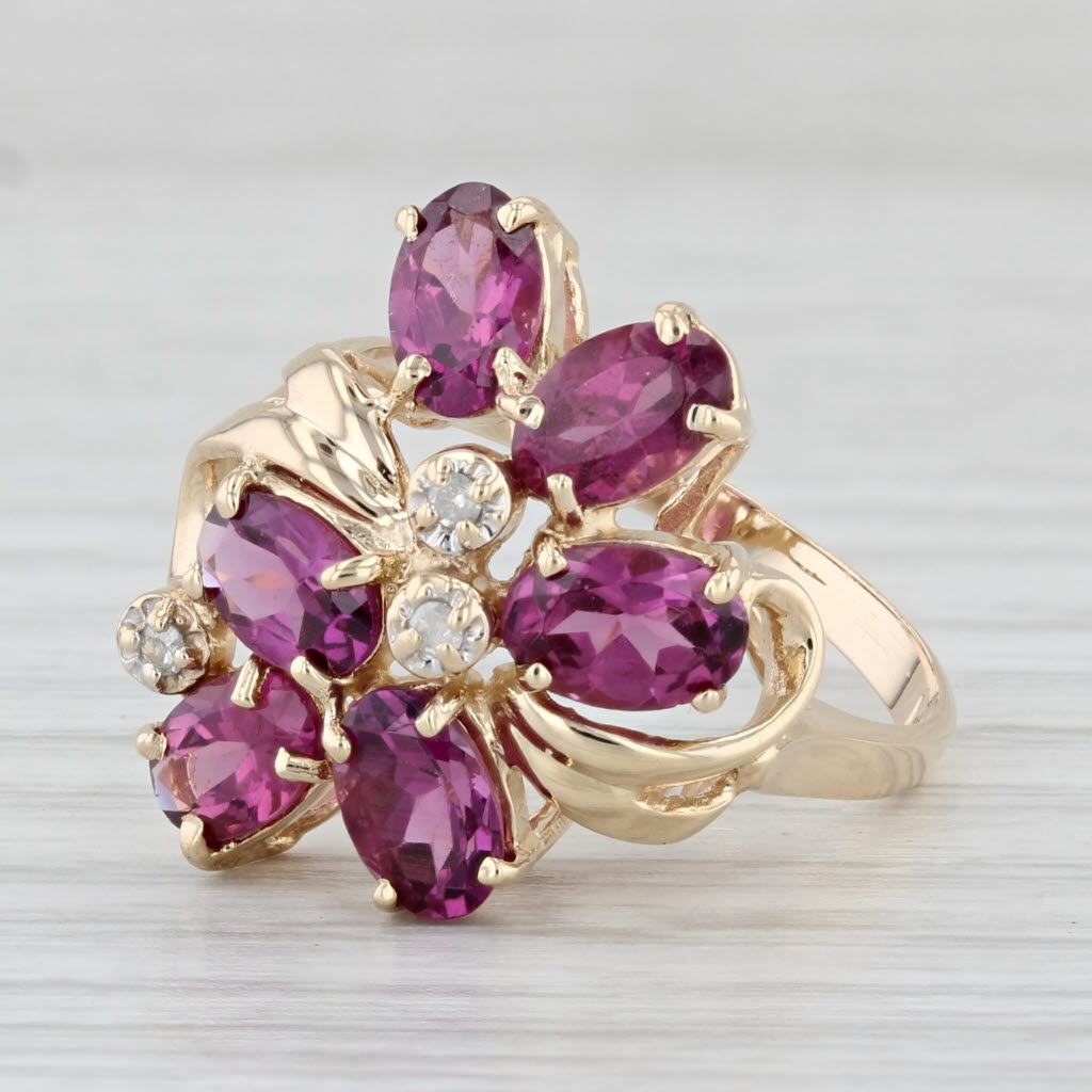 Light Gray 3.42ctw Pink Purple Garnet Diamond Cluster Ring 14k Gold Sz 7.25 Floral Cocktail