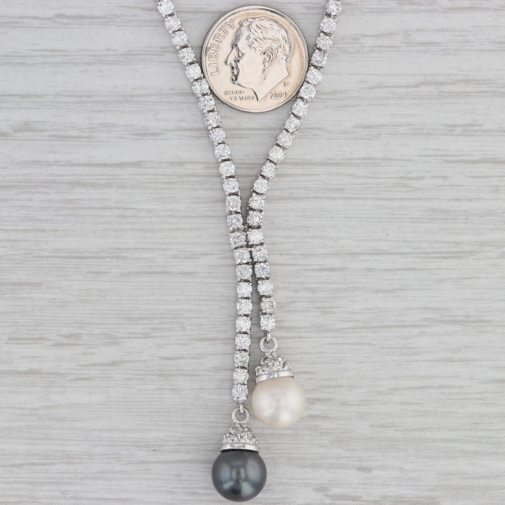 Gray 3.90ctw Diamond Tennis Black White Cultured Pearl Lariat Necklace 14k White Gold