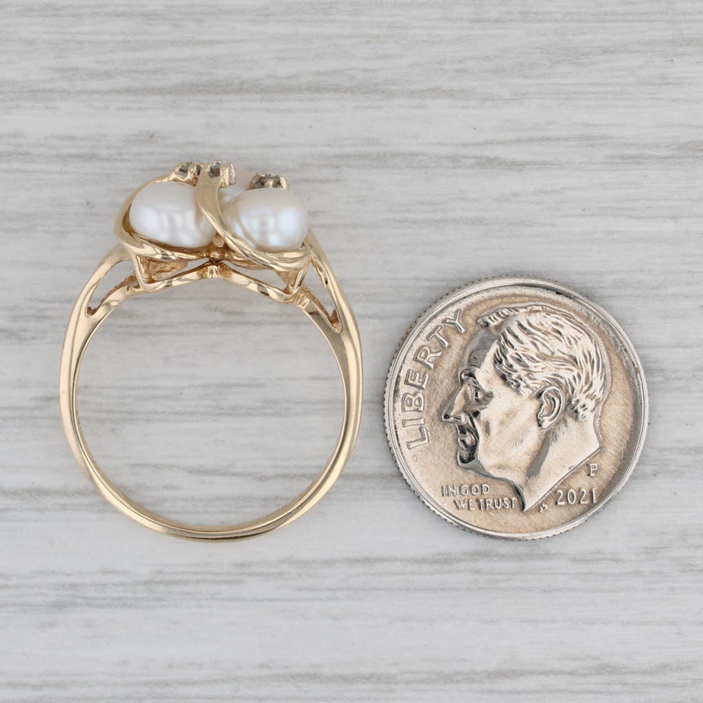 Gray Cultured Pearl 3-Stone Diamond Ring 10k Yellow Gold Size 7.5