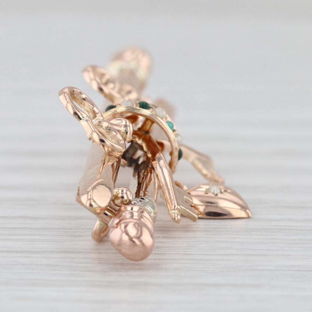 Vintage Seed Pearl Green Glass Brooch 14k Yellow Gold Heart Keys Bar Pin