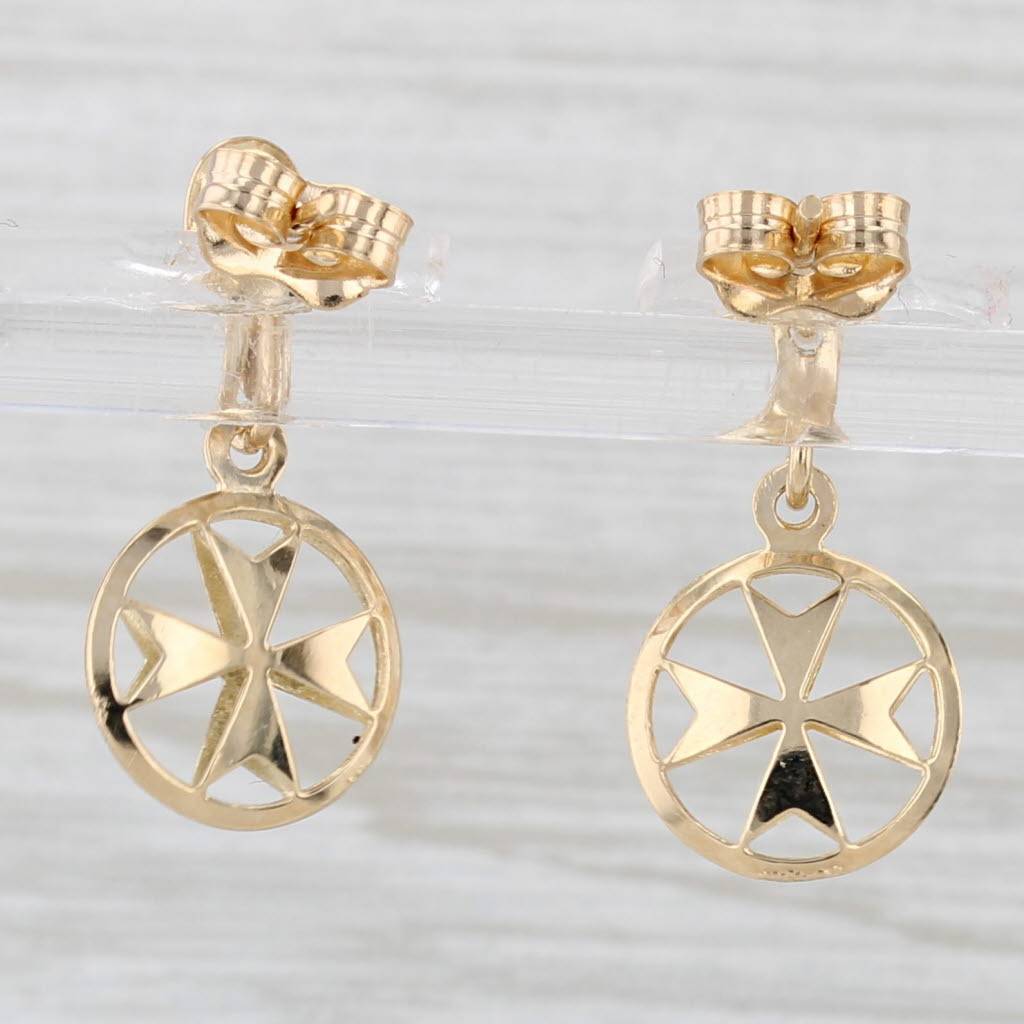 Light Gray Maltese Cross Dangle Earrings 18k Yellow Gold Drops