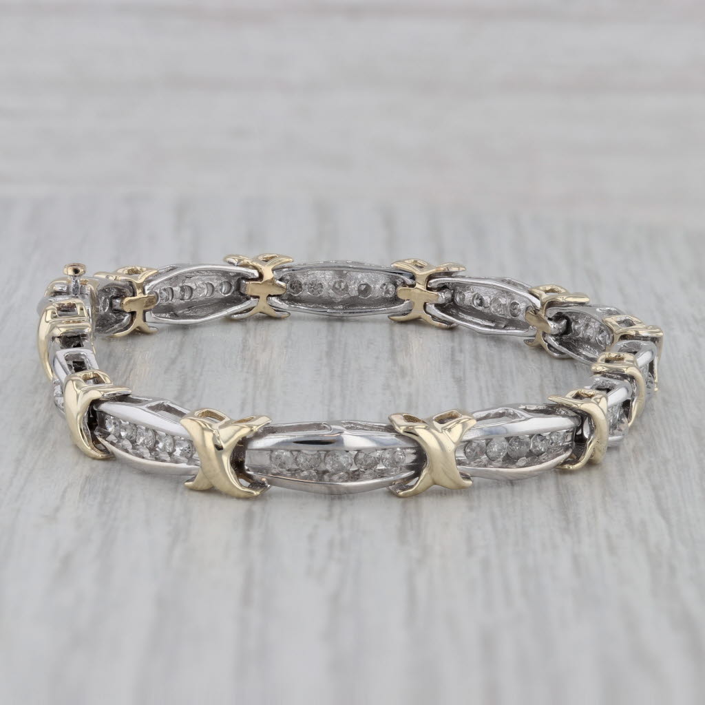 Gray 1.25ctw Diamond Bar X Link Tennis Bracelet 10k White Yellow Gold 7" 6mm