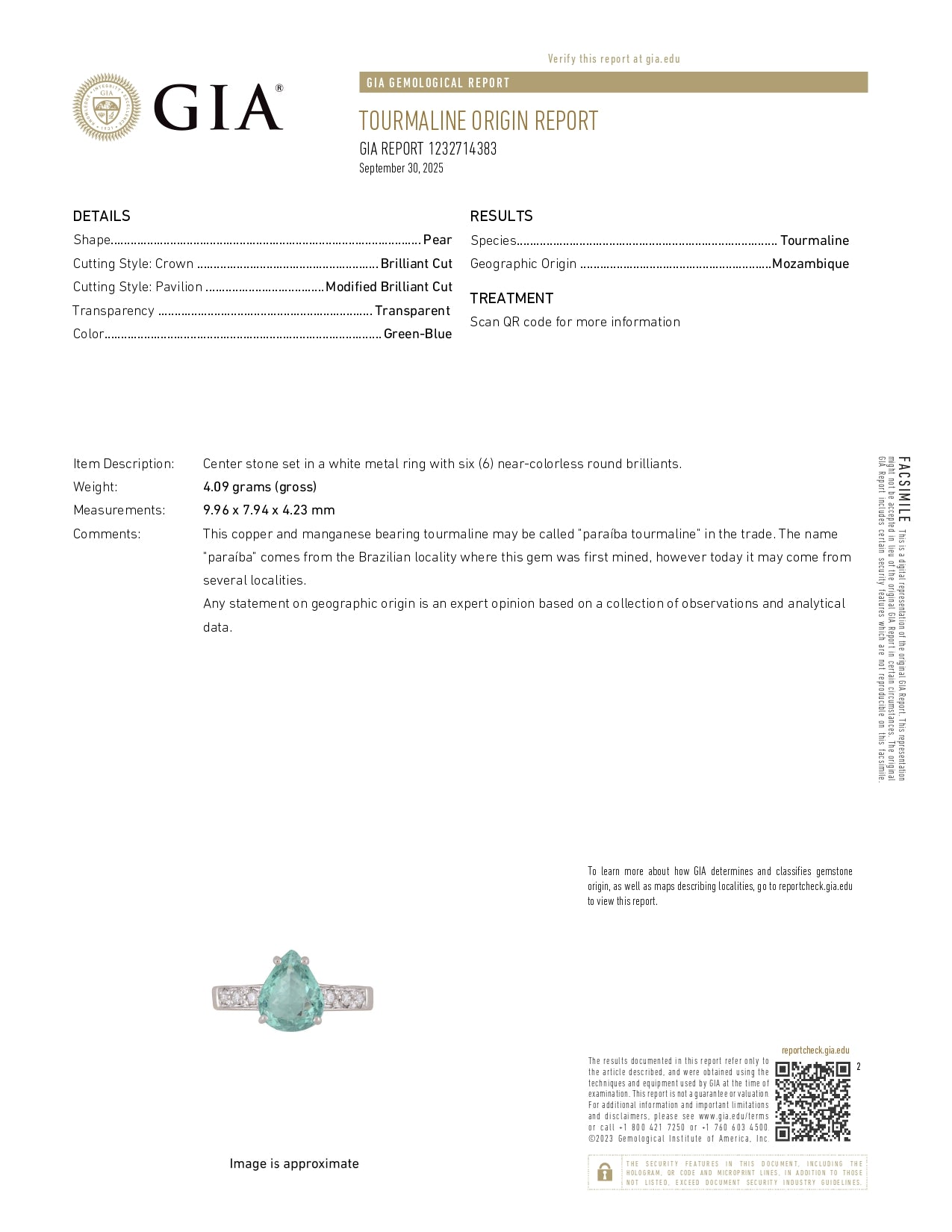 1.95ctw Pear ParaibaTourmaline Diamond Ring 18k White Gold Size 7.75 GIA