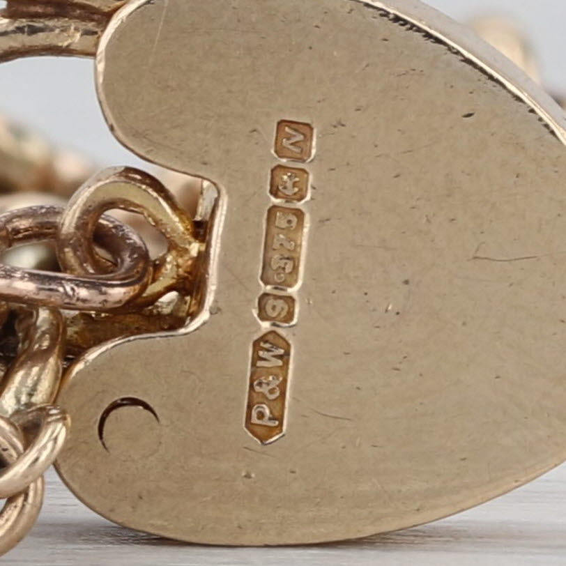 Vintage Pad Lock Heart Charm Bracelet 9k Yellow Gold 7" Curb Chain British