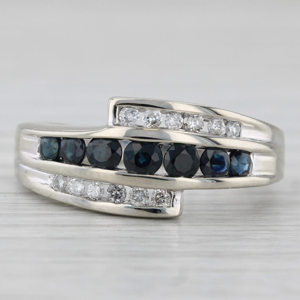 Gray 0.84ctw Blue Sapphire Diamond Bypass Ring 10k White Gold Size 7