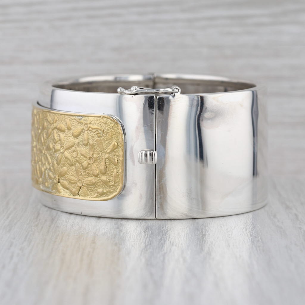 Chunky Flower Bangle Bracelet Sterling silver 22k Gold Statement 7" Greece