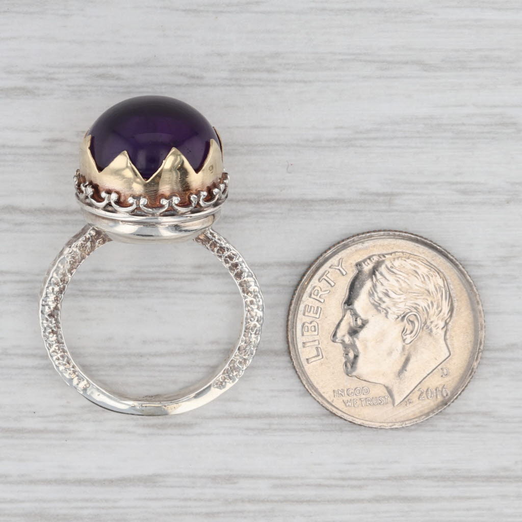 Light Gray Ornate Amethyst Cabochon Solitaire Ring Sterling Silver Gold Plating Size 5