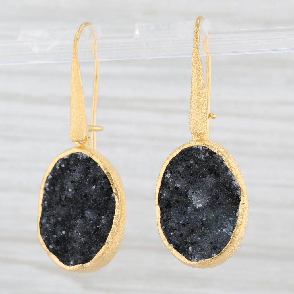 New Nina Wynn Black Druzy Quartz Dangle Earrings Sterling Silver Gold Plated