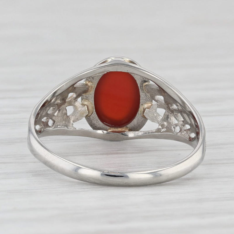 Vintage Carnelian Oval Cabochon Solitaire Ring 10k White Gold Size 5.75