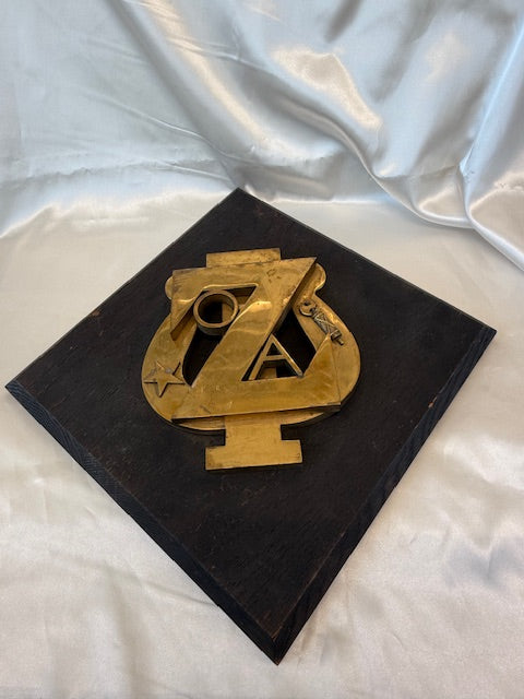 Gray Zeta Psi Fraternity Wall Plaque Brass on Dark Wood Vintage Greek Keepsake