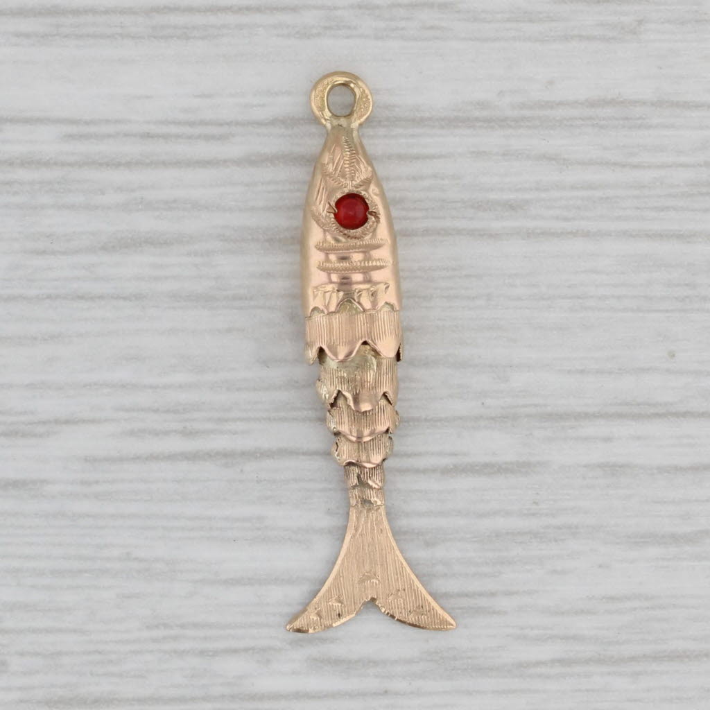 Gray Articulating Fish Charm 800 Yellow Gold Red Glass Eye Nautical Pendant