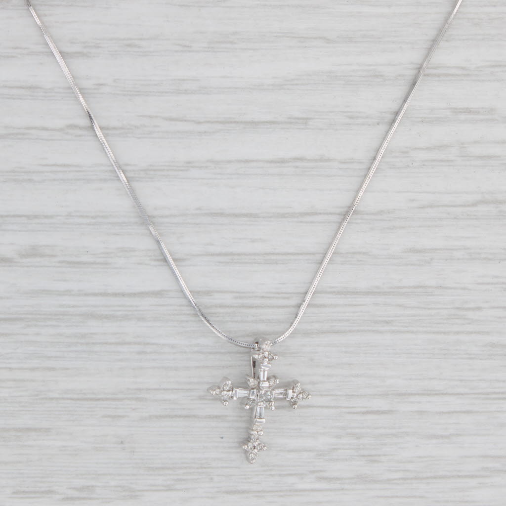 Diamond Cross Pendant Necklace 14k White Gold Snake Cha