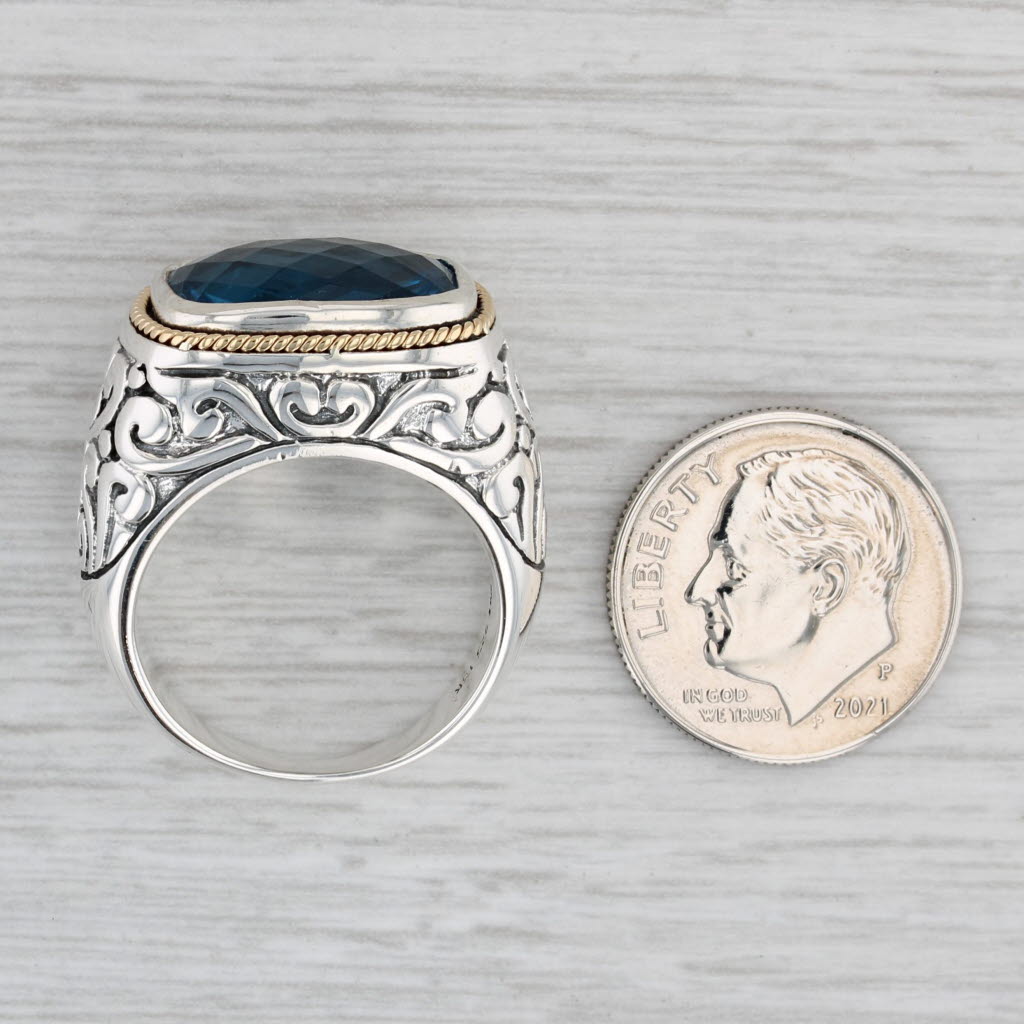 Gray Effy 8.75ct Blue Topaz Ring Sterling Silver 18k Gold Size 7 Ornate Solitaire