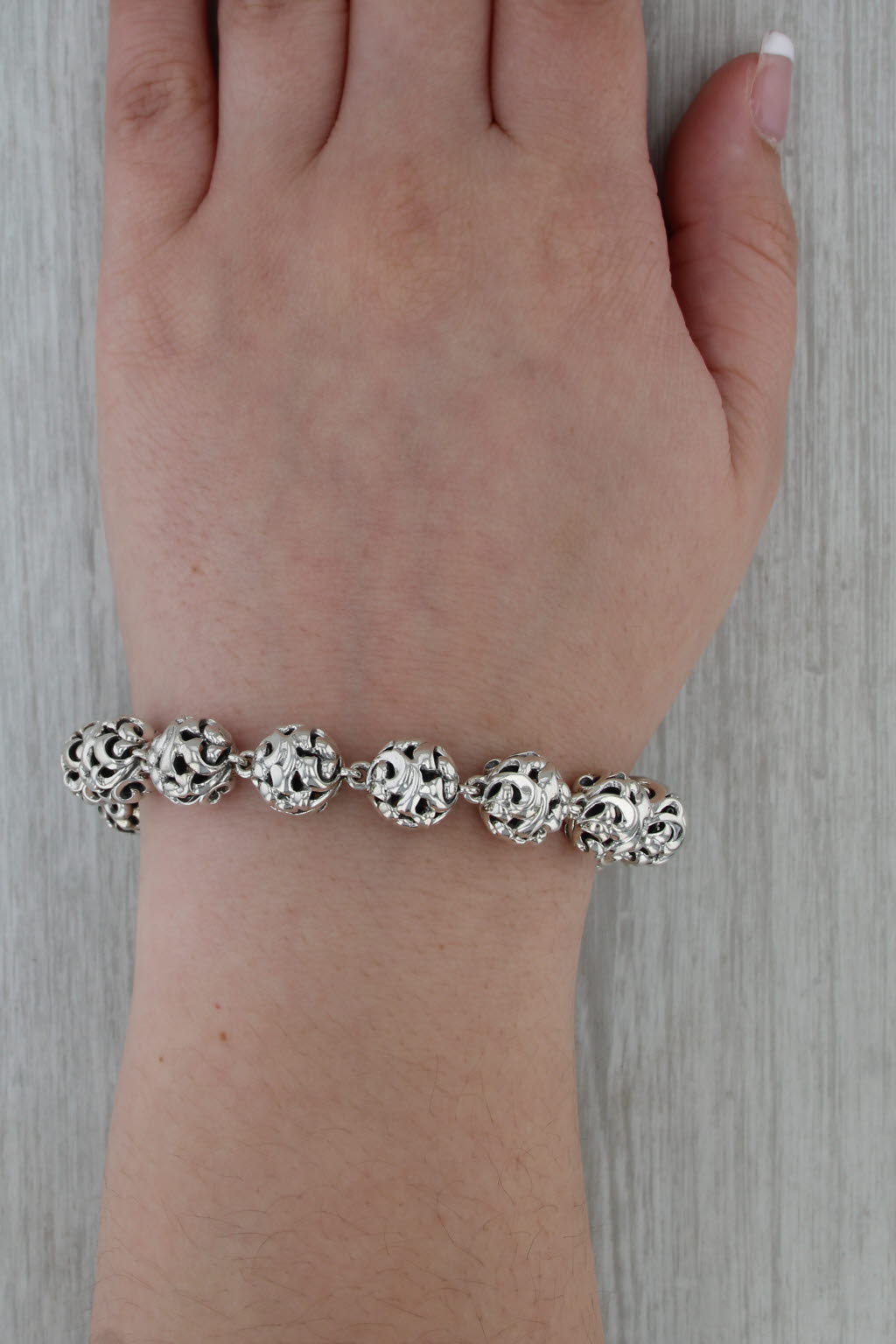 Krypell Ornate Openwork Bead Bracelet Sterling Silver 8.5" 11.3mm Toggle Clasp