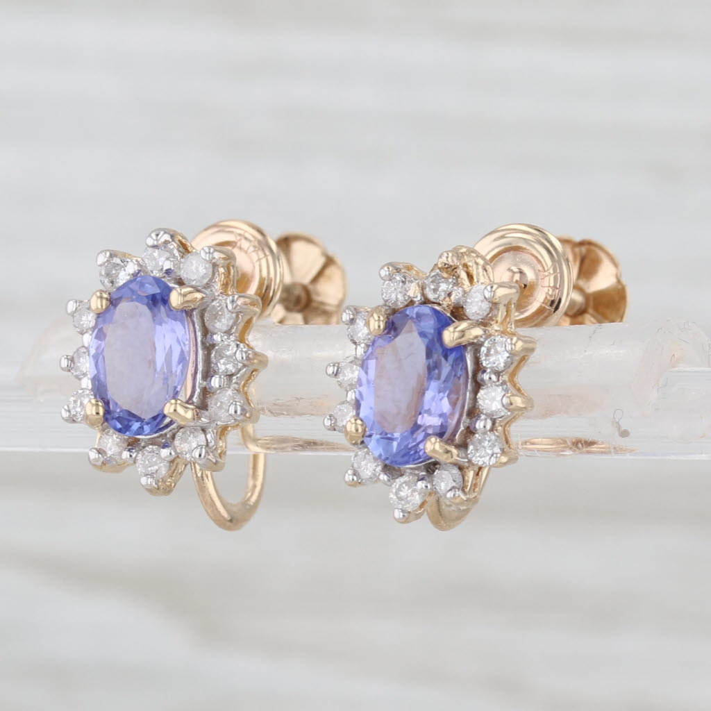1.70ctw Tanzanite Diamond Halo Screw Back Earrings 14k Gold Non Pierced