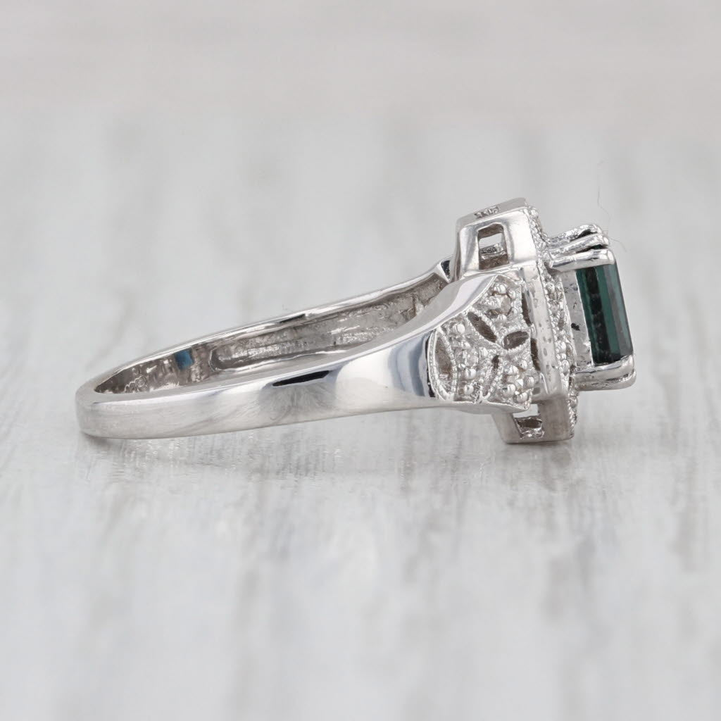 0.72ctw Emerald Cut Sapphire Diamond Halo Ring 10k White Gold Size 6