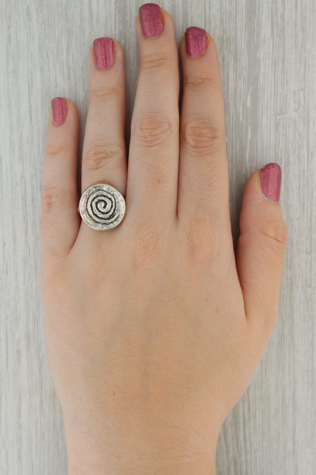 Rosy Brown Swirl Statement Ring Hammered Sterling Silver Size 8.5
