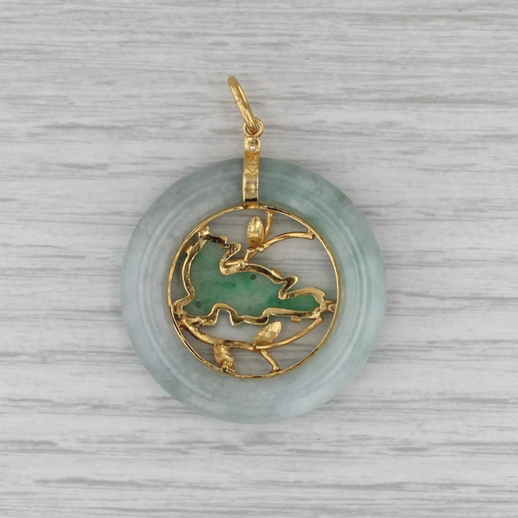 Green Jadeite Jade Carved Bird Hololith Pendant 14k Yellow Gold Vintage Asian