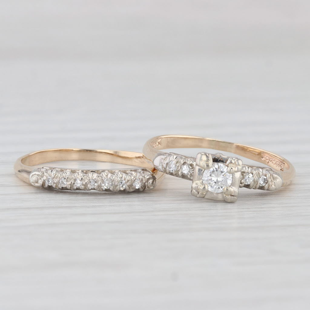 Light Gray 0.19ctw Vintage Diamond Engagement Ring Wedding Band Bridal Set 14k Gold Size 6