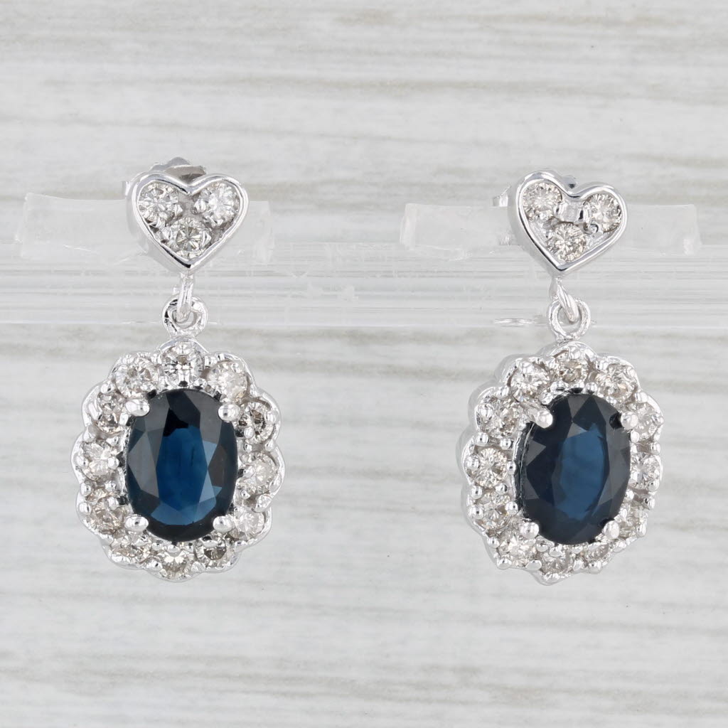 Light Gray 2.63ctw Blue Sapphire Diamond Halo Heart Dangle Earrings 14k White Gold