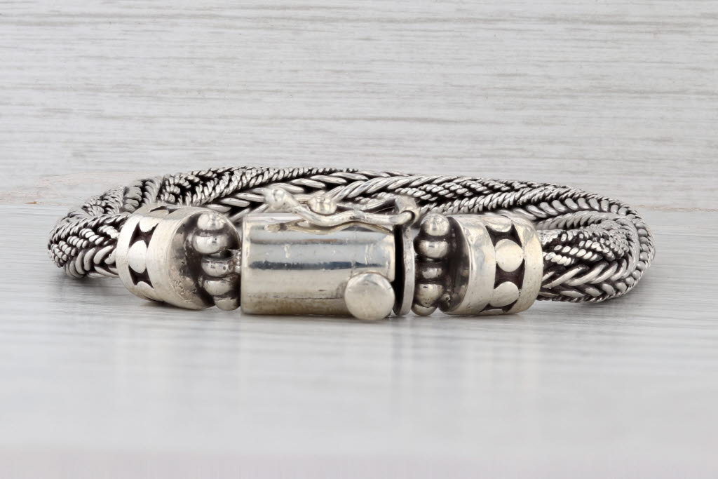 Light Gray Woven Rope Chain Bracelet Sterling Silver 7.5" 6.4mm Statement