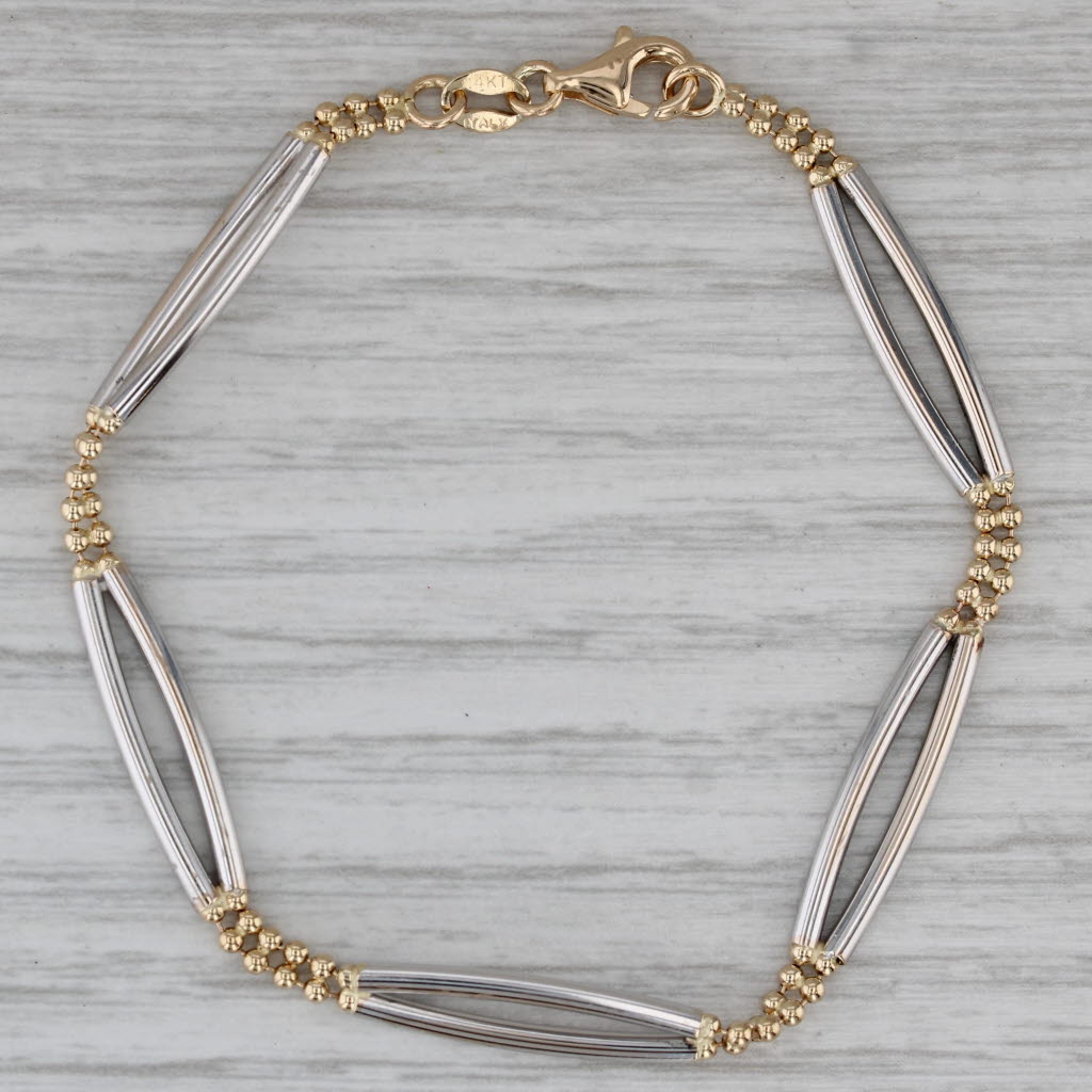 Gray Bar & Bead Link Bracelet 14k Yellow White Gold 6.5" 5.2mm