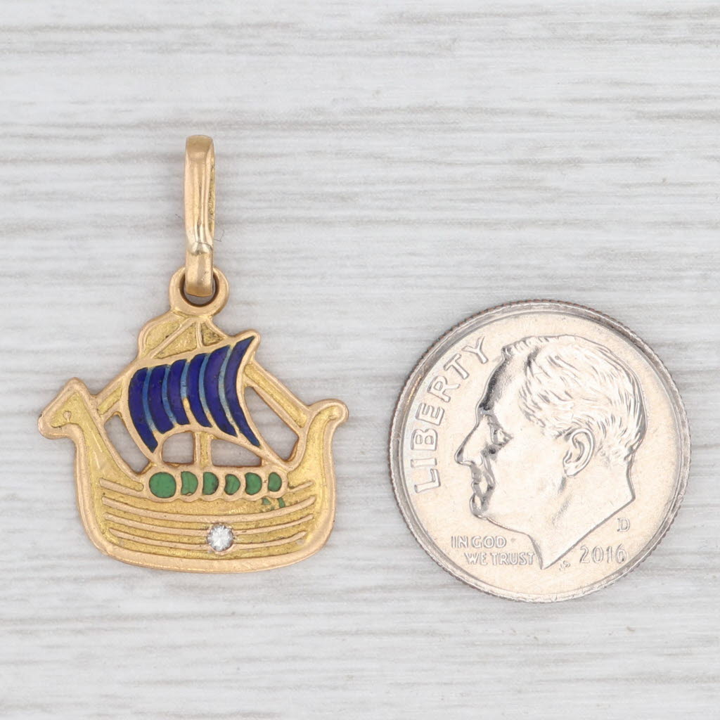 Light Gray Vintage Viking Ship Pendant 18k Yellow Gold Enamel Diamond Charm