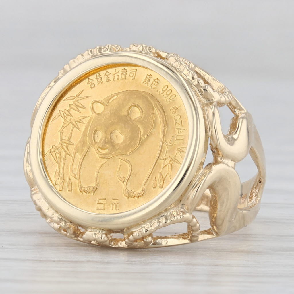 Light Gray 1986 Chinese Panda Coin Signet Ring 14k 24k Yellow Gold Size 4.5 1/20oz