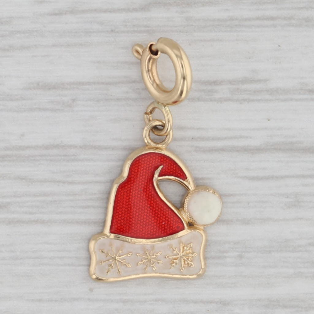 Gray Santa Hat Charm 14k Yellow Gold Enamel Christmas Holiday Pendant