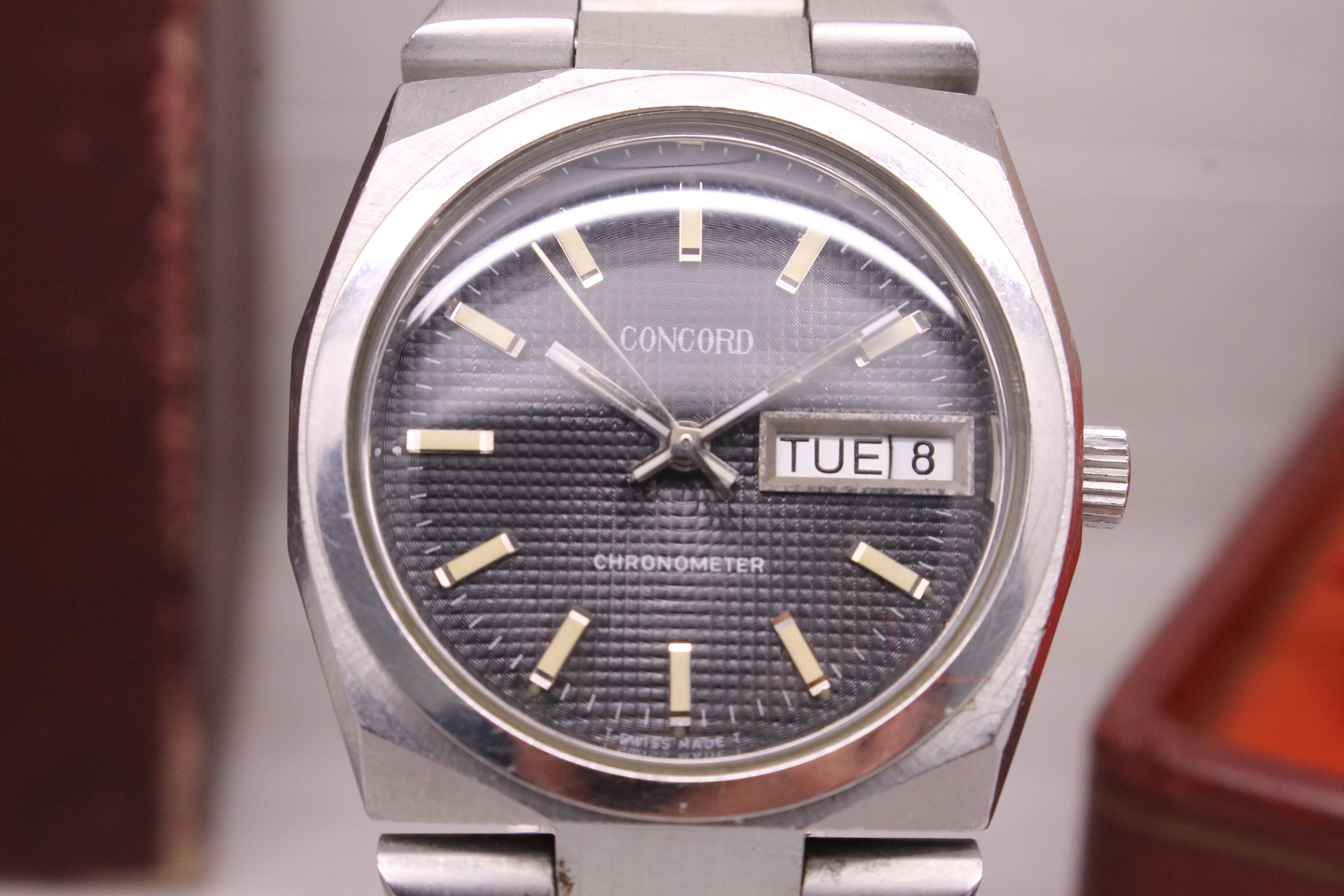 Slate Gray Vintage 1970's Concord Chronometer Mens Steel Integrated Sport Watch w Box COSC
