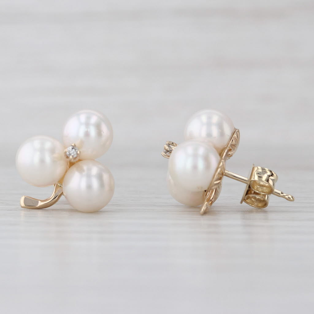 Cultured Pearl Diamond Clover Flower Cluster Stud Earrings 14k Yellow Gold Studs