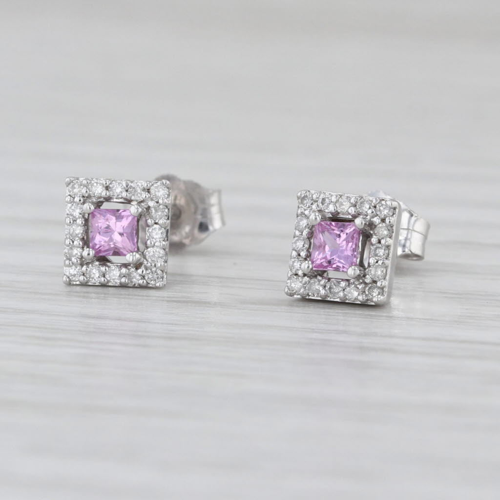 0.36ctw Pink Princess Sapphire Diamond Halo Stud Earrings 14k White Gold Studs